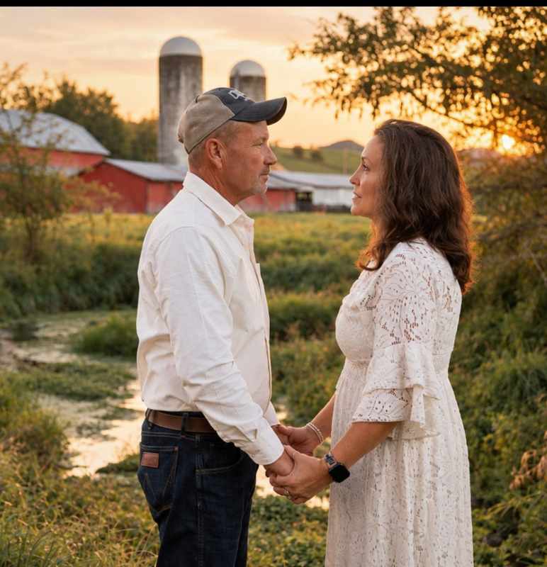 Couple holding hands near a red barn at golden hour