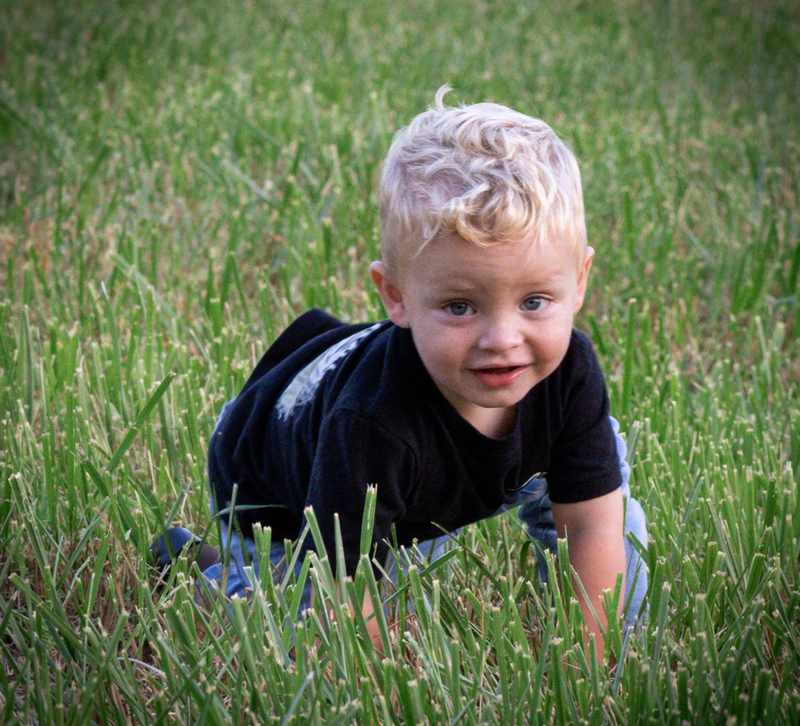 Young boy crawling through tall grass and smiling at the camera